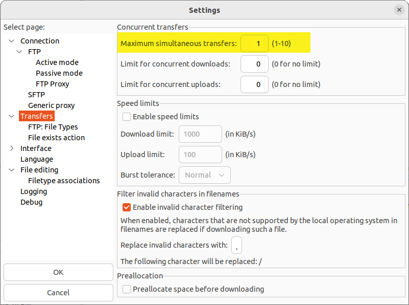 Filezilla Limites