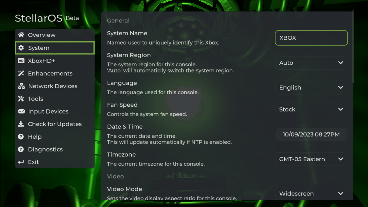 StellarOS System Settings Screen